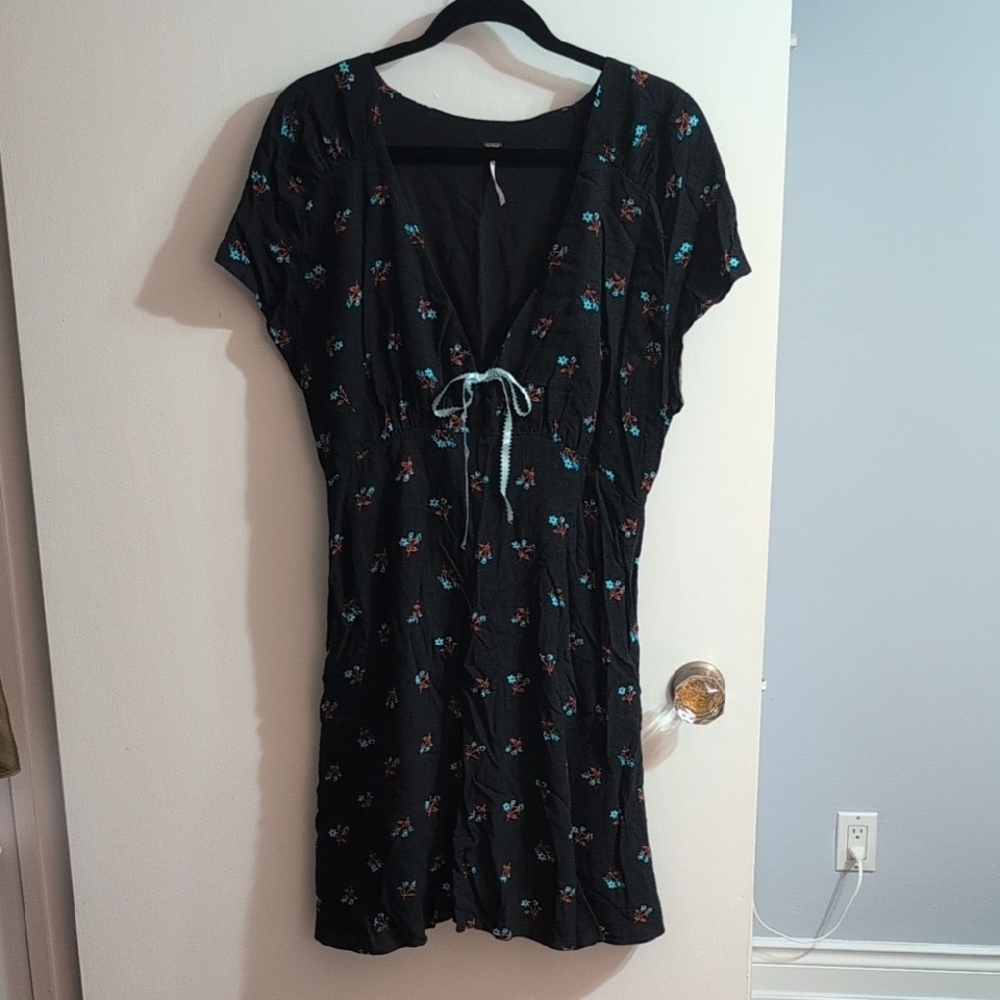 Free People Black Dress with Teal and Red Floral Embroidery